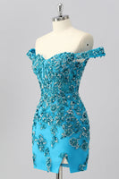 Load image into Gallery viewer, Sparkly Blue Off the Shoulder Short Corset Prom Dress with Beading