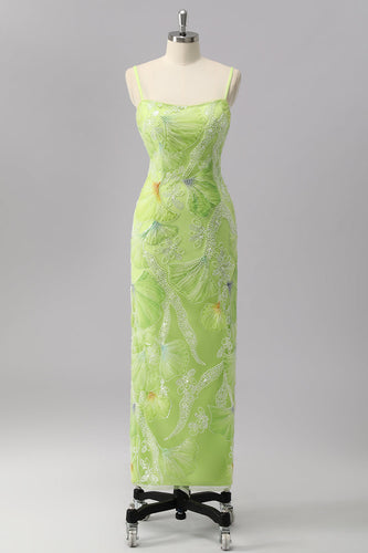 Sparkly Green Beaded Sheath Maxi Prom Dress with Slit