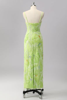 Sparkly Green Beaded Sheath Maxi Prom Dress with Slit