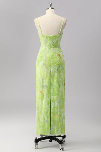 Sparkly Green Beaded Sheath Maxi Prom Dress with Slit