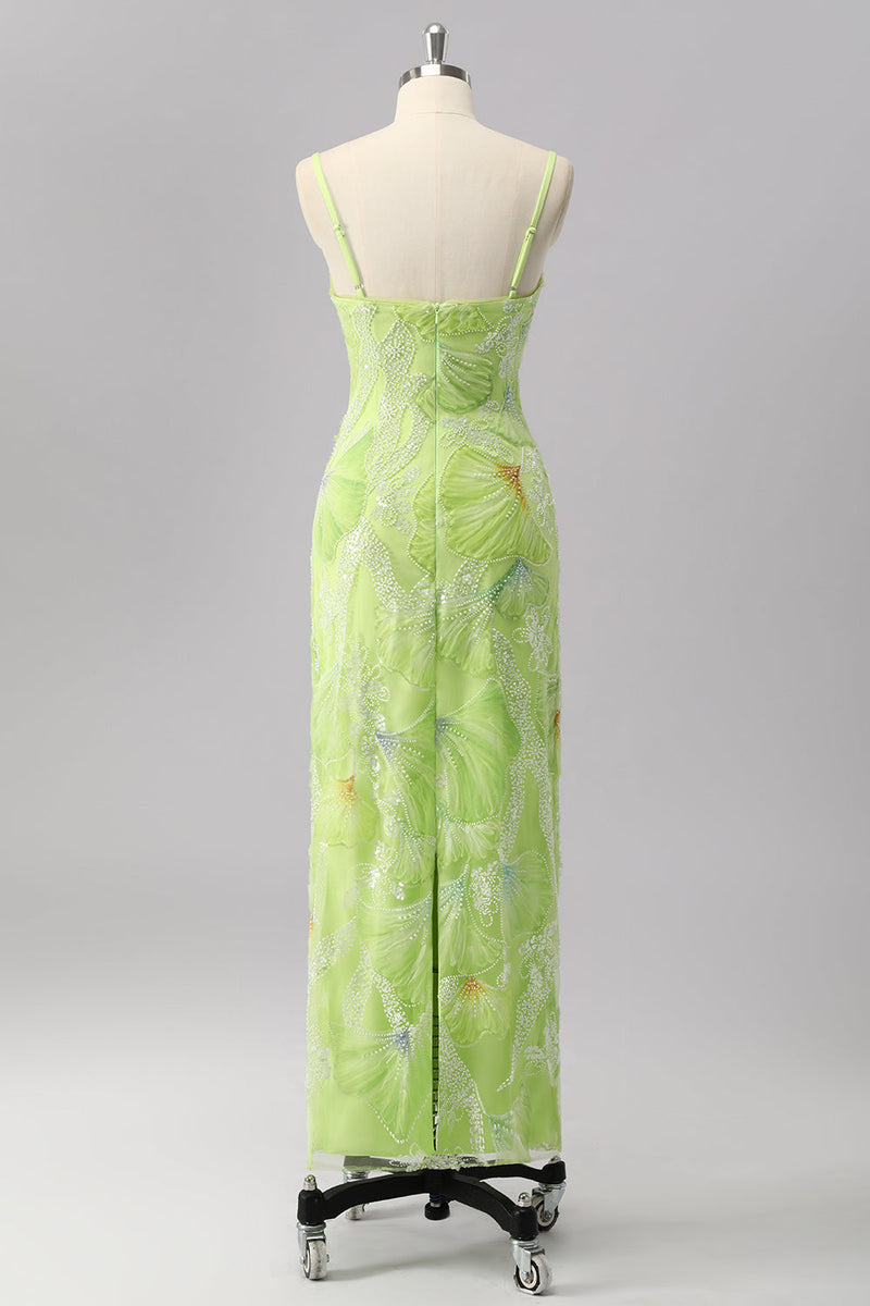 Load image into Gallery viewer, Sparkly Green Beaded Sheath Maxi Prom Dress with Slit