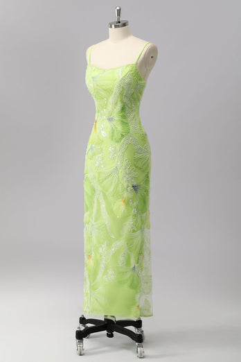 Sparkly Green Beaded Sheath Maxi Prom Dress with Slit