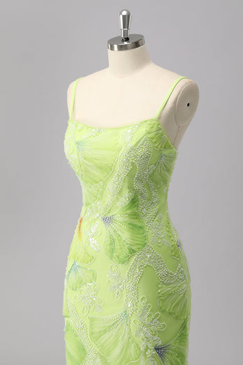 Sparkly Green Beaded Sheath Maxi Prom Dress with Slit