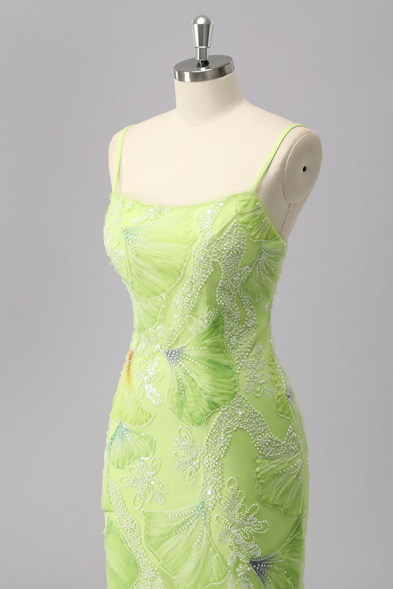 Load image into Gallery viewer, Sparkly Green Beaded Sheath Maxi Prom Dress with Slit