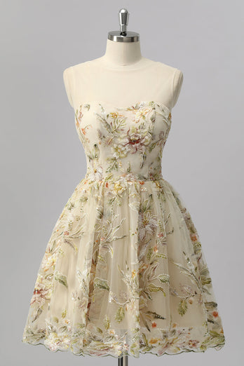 Sparkly Apricot A Line Short Floral Prom Dress with Beading