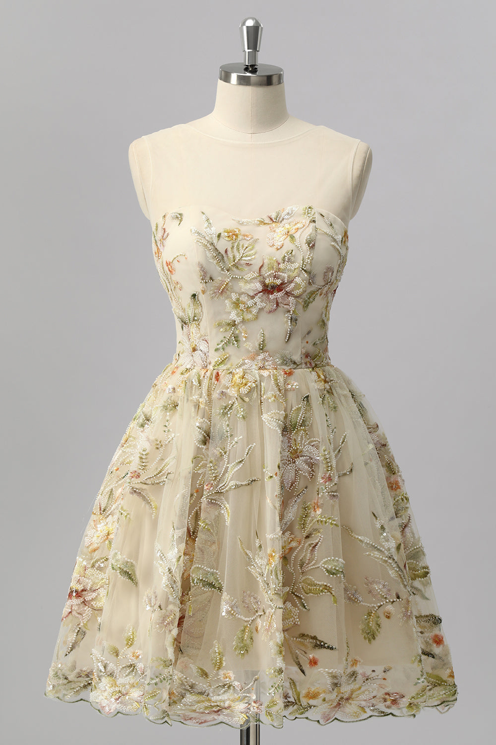 Sparkly Apricot A Line Short Floral Prom Dress with Beading
