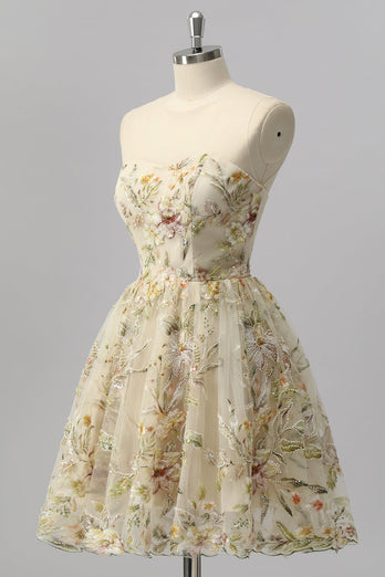Sparkly Apricot A Line Short Floral Prom Dress with Beading