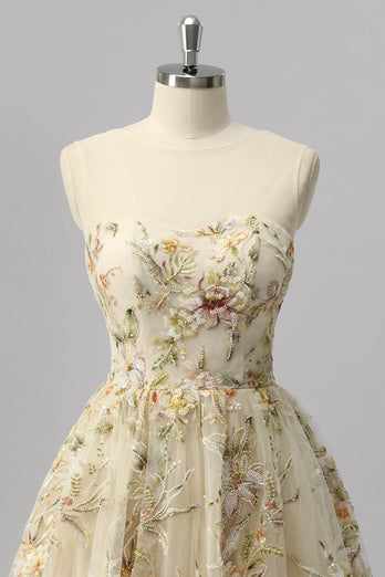 Sparkly Apricot A Line Short Floral Prom Dress with Beading