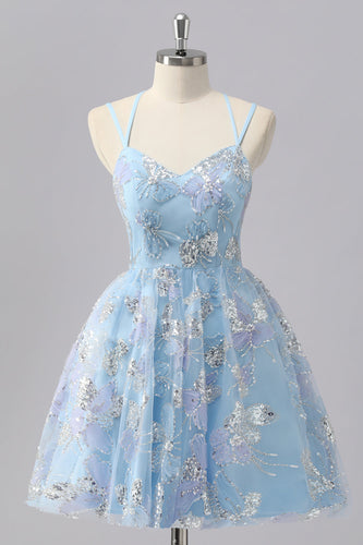 Sparkly Blue Spaghetti Straps A Line Short Prom Dress with Sequins