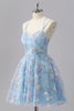 Load image into Gallery viewer, Sparkly Blue Spaghetti Straps A Line Short Prom Dress with Sequins