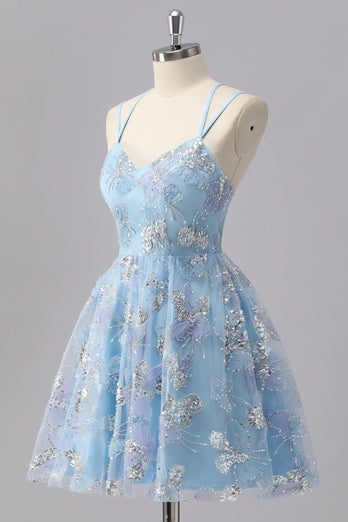 Sparkly Blue Spaghetti Straps A Line Short Prom Dress with Sequins