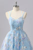 Load image into Gallery viewer, Sparkly Blue Spaghetti Straps A Line Short Prom Dress with Sequins