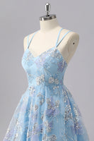 Load image into Gallery viewer, Sparkly Blue Spaghetti Straps A Line Short Prom Dress with Sequins