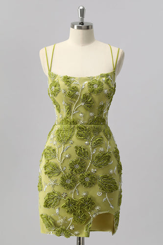 Sparkly Green Cut Out Floral Tight Short Beaded Prom Dress