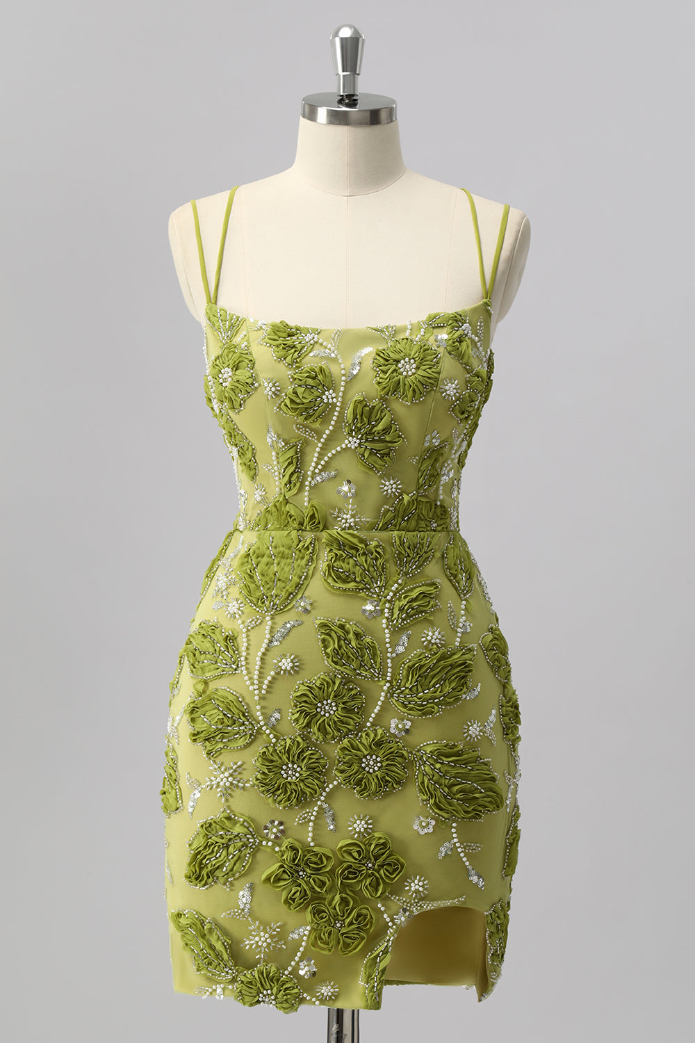 Sparkly Green Cut Out Floral Tight Short Beaded Prom Dress