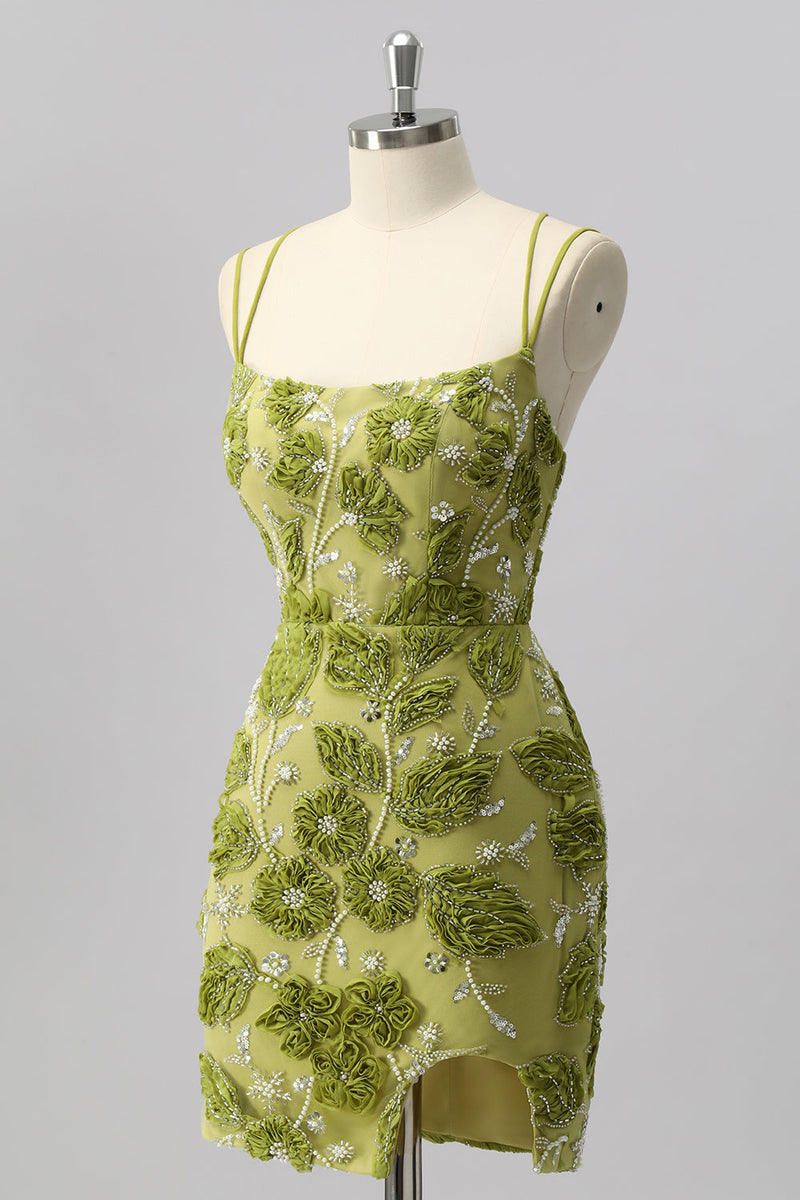 Load image into Gallery viewer, Sparkly Green Cut Out Floral Tight Short Beaded Prom Dress