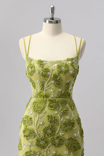 Sparkly Green Cut Out Floral Tight Short Beaded Prom Dress
