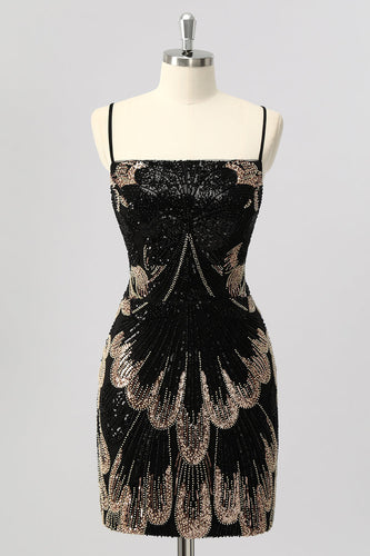 Sparkly Black Backless Tight Beaded Short Prom Dress