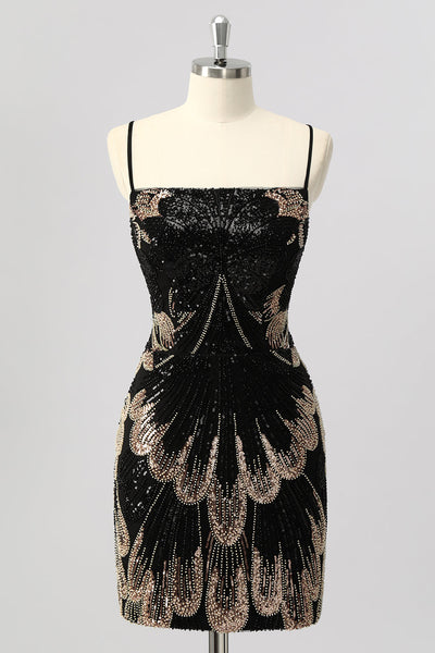 Sparkly Black Backless Tight Beaded Short Prom Dress