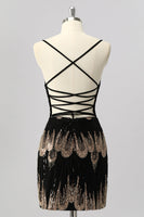 Load image into Gallery viewer, Sparkly Black Backless Tight Beaded Short Prom Dress
