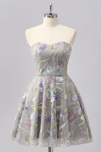 Sparkly Grey Floral Sweetheart Short A Line Prom Dress