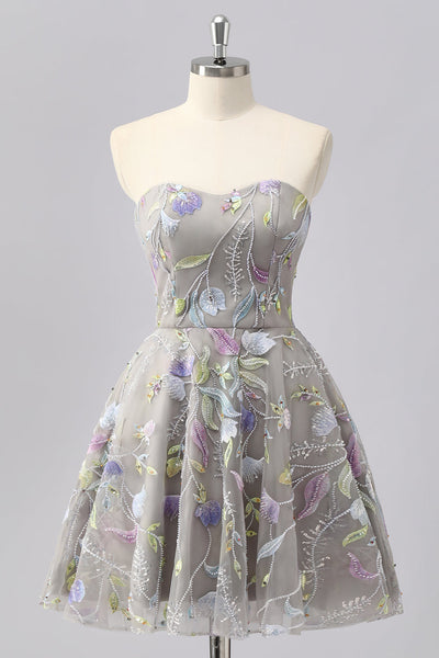 Sparkly Grey Floral Sweetheart Short A Line Prom Dress