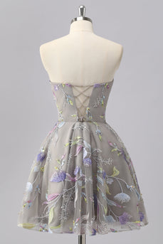 Sparkly Grey Floral Sweetheart Short A Line Prom Dress