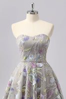 Load image into Gallery viewer, Sparkly Grey Floral Sweetheart Short A Line Prom Dress