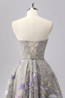 Load image into Gallery viewer, Sparkly Grey Floral Sweetheart Short A Line Prom Dress