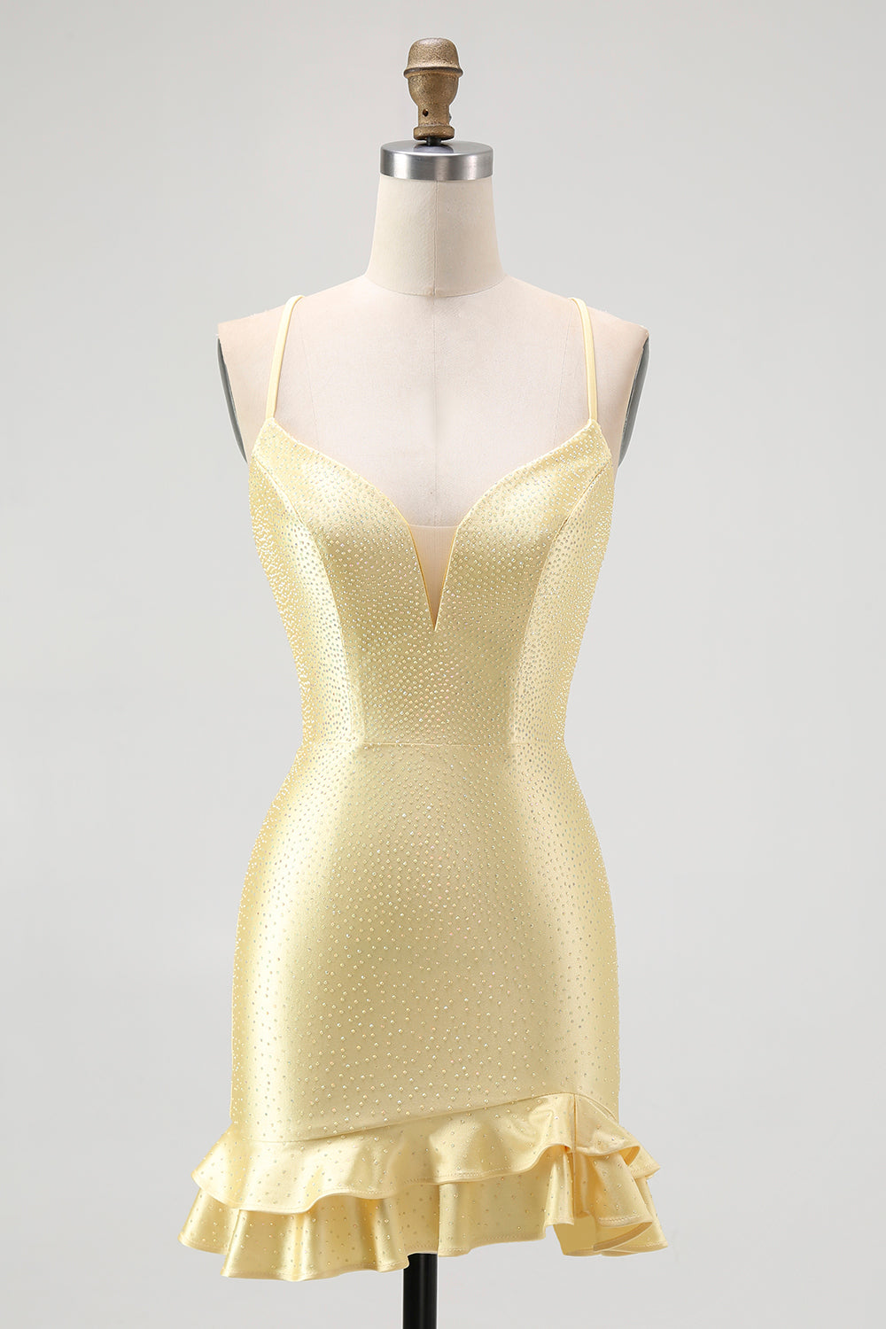 Sparkly Yellow Satin Spaghetti Straps Ruffled Tight Short Prom Dress with Beading