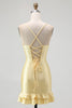 Load image into Gallery viewer, Sparkly Yellow Satin Spaghetti Straps Ruffled Tight Short Prom Dress with Beading