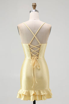 Sparkly Yellow Satin Spaghetti Straps Ruffled Tight Short Prom Dress with Beading