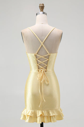 Sparkly Yellow Satin Spaghetti Straps Ruffled Tight Short Prom Dress with Beading