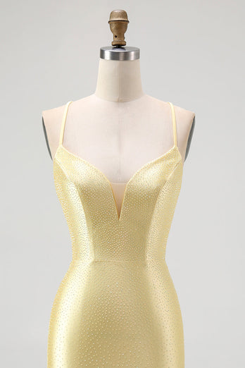 Sparkly Yellow Satin Spaghetti Straps Ruffled Tight Short Prom Dress with Beading