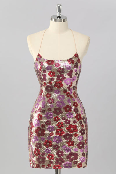 Sparkly Red Floral Backless Tight Short Sequin Prom Dress