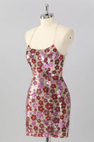 Load image into Gallery viewer, Sparkly Red Floral Backless Tight Short Sequin Prom Dress