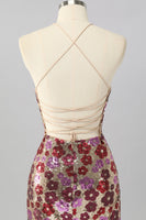 Load image into Gallery viewer, Sparkly Red Floral Backless Tight Short Sequin Prom Dress