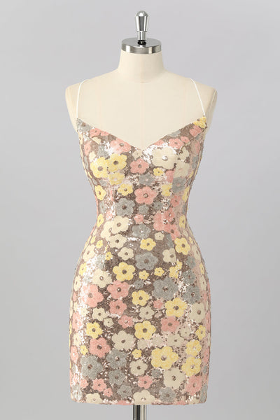 Sparkly Yellow Backless Floral Tight Short Sequin Prom Dress