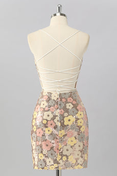 Sparkly Yellow Backless Floral Tight Short Sequin Prom Dress
