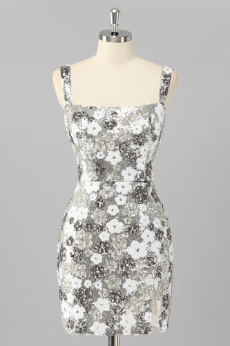Sparkly Silver Tight Short Sequins Prom Dress with Slit