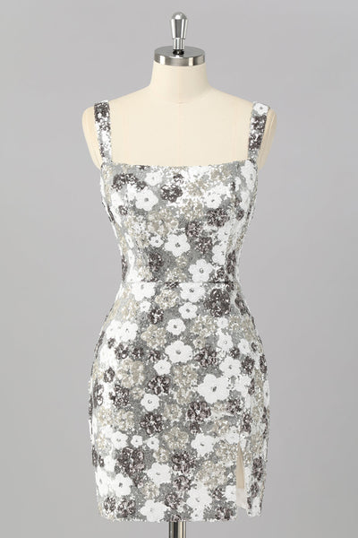 Sparkly Silver Tight Short Sequins Prom Dress with Slit