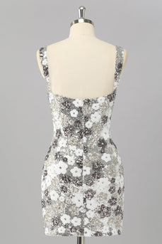 Sparkly Silver Tight Short Sequins Prom Dress with Slit