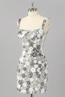 Load image into Gallery viewer, Sparkly Silver Tight Short Sequins Prom Dress with Slit