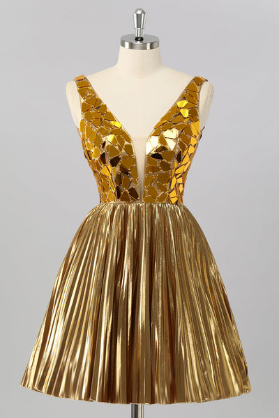 Sparkly Golden Mirror A Line Metallic Short Prom Dress