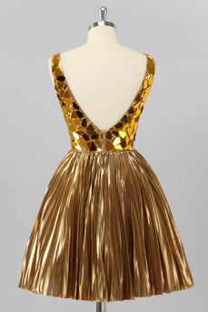 Sparkly Golden Mirror A Line Metallic Short Prom Dress