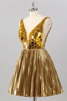 Load image into Gallery viewer, Sparkly Golden Mirror A Line Metallic Short Prom Dress
