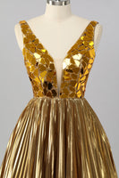 Load image into Gallery viewer, Sparkly Golden Mirror A Line Metallic Short Prom Dress