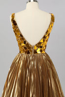 Load image into Gallery viewer, Sparkly Golden Mirror A Line Metallic Short Prom Dress