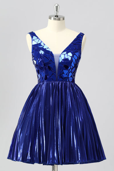 Sparkly Royal Blue A Line Mirror Metallic Mini Prom Dress