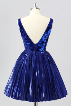 Sparkly Royal Blue A Line Mirror Metallic Mini Prom Dress